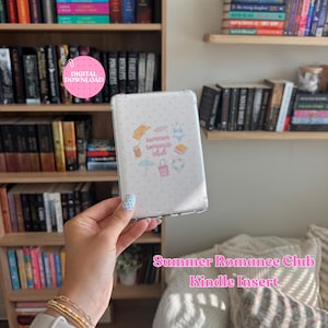 May include: A clear Kindle case featuring a white polka dot background and a central graphic with the text "summer romance club" surrounded by small illustrations of a beach towel, bikini, drink, book, umbrella, tote bag, and a life preserver.