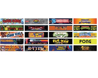 May include: A collection of 18 colorful arcade game title cards, featuring classic games like Pac-Man, Galaga, Donkey Kong, and Space Invaders.