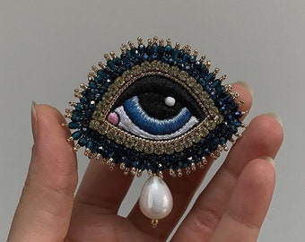 Evil Eye Brooch With Seashell Pearl Nazar Brooch Protection Amulet Handmade Personalized Gift Spiritual Jewelry Gift For Her Him ReadyToShip