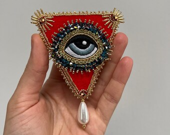 All Seeing Eye Triangle Evil Eye Brooch With Seashell Pearl Protection Amulet Handmade Personalized Gift Spiritual Jewelry