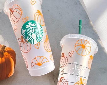 Personalised Starbucks 24oz | Pumpkin Autumn Halloween Neutrals | Teacher Gift Birthday | For Her Cold Cup Tumbler Clear Iced Coffee Name