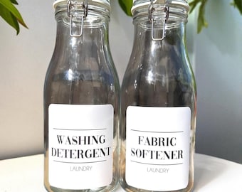 Personalised Jar Carafe Modern Minimalist Label Black And White Vogue Font Laundry Fabric Softener Washing Powder Pods Home Utility Neutral
