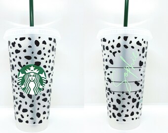 Personalised Starbucks 24oz Dalmatian Print Summer Monochrome Pretty Gift Birthday For Her Cold Cup Tumbler Clear Iced Coffee Name