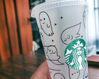 Personalised Starbucks 24oz | Cute Ghost Autumn Halloween Neutrals Monochrome |  Gift Birthday | For Her Cold Cup Tumbler Iced Coffee Name