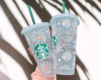 Personalised Starbucks 24oz | Daisy Summer Flowers Botanical Pretty| Teacher Gift Birthday | For Her Cold Cup Tumbler Clear Iced Coffee Name