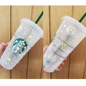 Personalised Starbucks 24oz Daisy Summer Flowers Botanical Pretty Gift Birthday For Her Cold Cup Tumbler Clear Iced Coffee Name