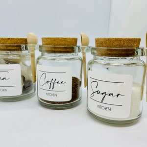 Set of 3 cork top lid Tea Coffee Sugar jars, with spoon, canisters, storage, kitchen, minimalist labels, glass, home decor, simple, modern