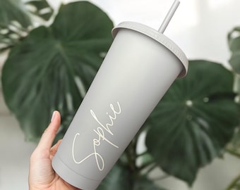 Personalised Name 24oz Cold Cup Tumbler Iced Coffee Hen Bride Wedding Party Teacher Birthday Gift Neutral Beige Starbucks