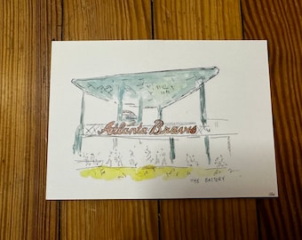 May include: A watercolor illustration of a baseball stadium with the words "Atlanta Braves" and "The Battery" written below. The stadium is painted in shades of blue and green, with a yellow and orange sky.