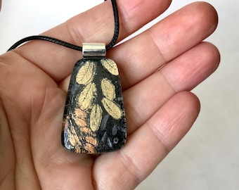 black and gold fused glass pendant, gift for her, Mother's day gift from daughter, birthday gift for woman, stylish glass jewelry gift