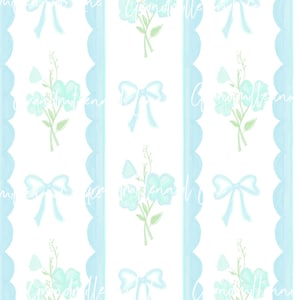Blue and pretty Grandmillennial Seamless pattern, Grandmillenial flowers, scalloped seamless pattern