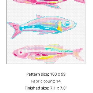 May include: Cross-stitch pattern featuring three colorful fish in shades of pink, blue, and yellow. The finished size is 7.1 x 7.0 inches. The pattern size is 100 x 99, with a fabric count of 14. Total stitches: 4,242. Total skeins: 31.