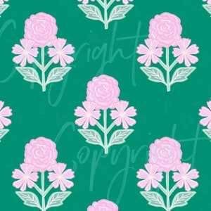Block print pink & green  Grandmillennial Seamless pattern, Grandmillenial flowers, scalloped seamless pattern