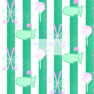 May include: A seamless pattern featuring golf-themed illustrations. The design includes golf balls on tees, golf clubs, and a map of the United States with a flag, all set against a backdrop of vertical green and white stripes. The text "Grandmillennial Lane" is also present.