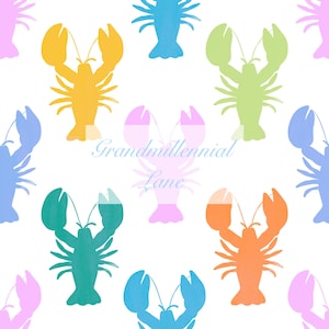 May include: A seamless pattern featuring colorful lobster silhouettes in shades of blue, green, orange, yellow, pink, and light green. The text "Grandmillennial Lane" is written in a light blue font.