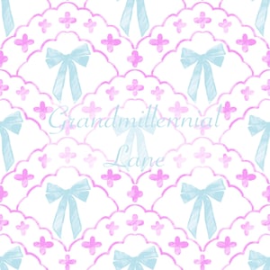 Pink scallop pattern blue bows