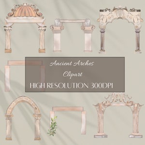 Clipart ad arco, porte romane ad acquerello decorate, download istantaneo di illustrazioni per la creazione di cartoline, segni di benvenuto Png.