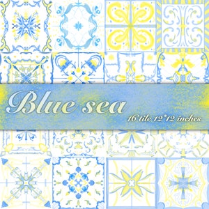 Azure blue Watercolor tiles, blue & yellow clip arts, azulejo tile prints,instant download,commercial use PNG,clip arts for restaurant menu