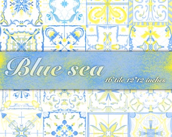 Azure blue Watercolor tiles, blue & yellow clip arts, azulejo tile prints,instant download,commercial use PNG,clip arts for restaurant menu