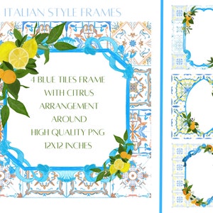 Blue Watercolor Mediterranean sicilian Tile Frames, Floral borders png, Turquoise Majolica Tiles Border Clipart, instant download.