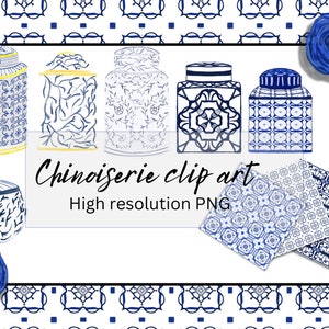 Blue and white chinoiserie jar clip Art , Navy blue ginger jar PNG , seamless indigo tiles pattern , greek tile instant download.