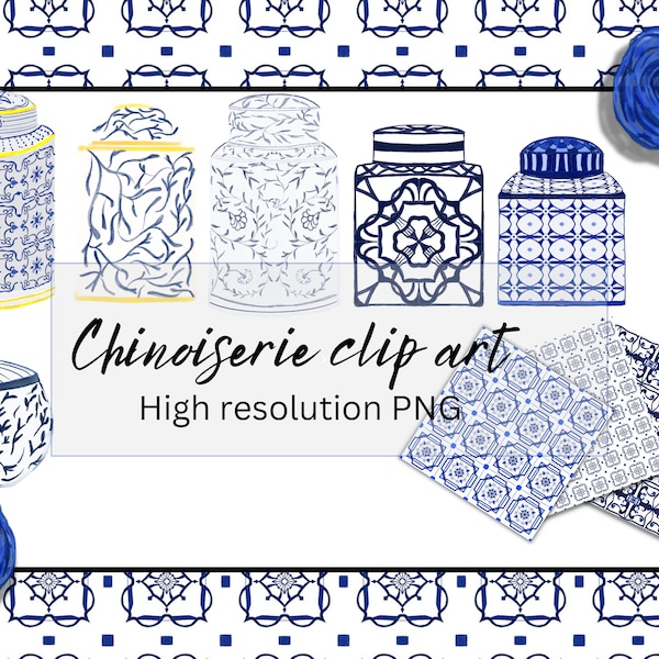 Blue and white chinoiserie jar clip Art , Navy blue ginger jar PNG , seamless indigo tiles pattern , greek tile instant download.