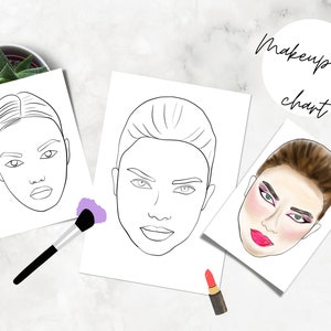 Könnte beinhalten: Drei Make-up-Gesichtscharts auf weißem Papier, zwei mit schwarzen Strichzeichnungen von Gesichtern und eine mit vollfarbigem Make-up. Ein schwarzer Make-up-Pinsel mit violettem Puder und ein kleiner roter Lippenstift liegen dabei. Text: Makeup face chart.