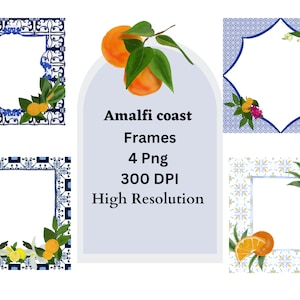 Blue Watercolor Mediterranean sicilian Tile Frames, Floral borders png, Turquoise Majolica Tiles Border Clipart, instant download.