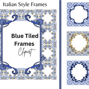Blue Mediterranean Tile Border ,indigo clipart Frame ,Talvera Tile Frames, Azulejo Mosaic Digital,Orange&blue Watercolor PNG,Amalfi Themed