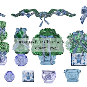 WATERCOLOR BLUE Christmas Chinoiserie Topiary PNG,Blue&Green Holiday Clipart,Bow png,Digital illustrations Instant Download.