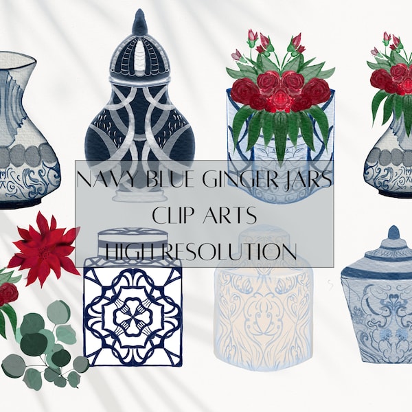 Blue chinoiserie ginger jar clip Art , Indigo jar PNG , seamless navy tiles pattern , instant  download.