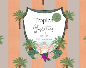 Watercolor Tropical Illustrations,Beach Palm Digital scrapbooking,Tropic Green Crest Cliparts,Instants Download.
