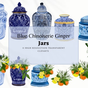 Blue and white chinoiserie jar clip Art ,Decorative Azure Blue ginger jar PNG , Orange Floral vases Illustrations ,instant download.