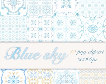 Baby Blue  Watercolor cliparts ,Blue &White Watercolor Mediterranean PNG, Italian,Moroccan Tiles.pastel events clip art.