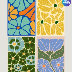 Mid Century Modern Floral Card Set | Pack of 4 Printable Cards | Retro Flower Design | Blank Digital Greeting Cards | INSTANT Download