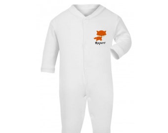 Personalised Babygrow Emrboidered Fox Any Name White Cotton Bodysuit Longsleeve