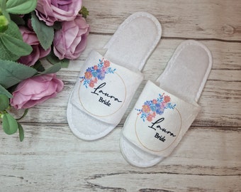 Personalised spa slippers white open toe hotel for Groom Bride Bridal Party Any Message Any Name Date Printed Floral Wreath Peach Blue