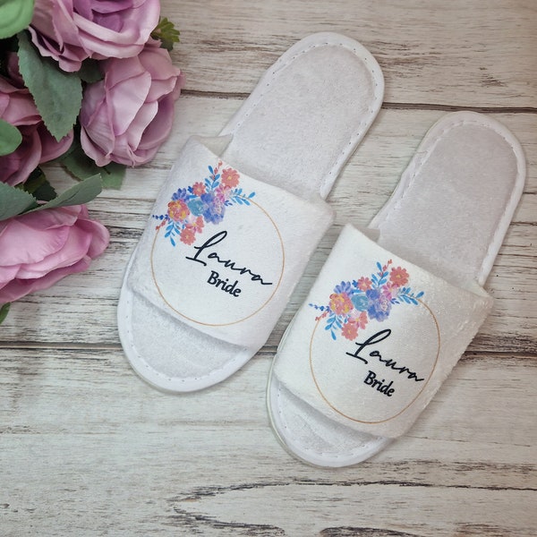 Personalised spa slippers white open toe hotel for Groom Bride Bridal Party Any Message Any Name Date Printed Floral Wreath Peach Blue