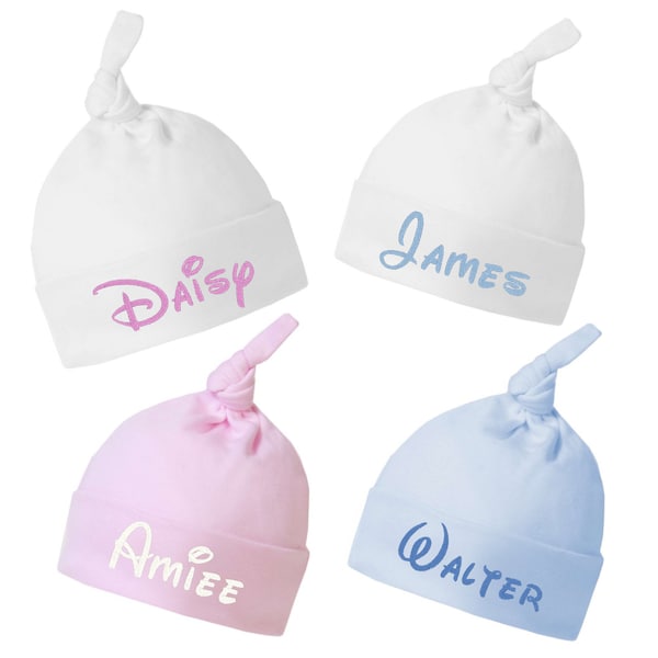 Personalised Baby Knot Hat White Embroidered Disney Style Font With Name for Hospital Gift Boy Girl Unisex Baby Shower
