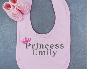 Personalised Baby Food Bib Embroidered Princess Crown Any Name Boy Girl Unisex Toddler