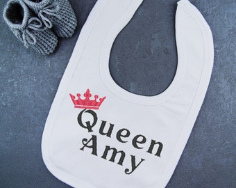 Personalised Baby Food Bib Embroidered Queen Crown Any Name Boy Girl Unisex Toddler