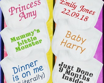 Personalised Baby Food Bib Embroidered Any Message Any Name Boy Girl Unisex Toddler