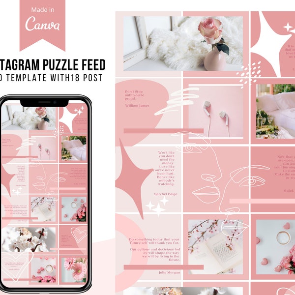 Pink Canva Instagram Puzzle Feed Template, Feminine Mood Board, Instagram Branding, Social Media Templates, Insta Posts, Aesthetic Boho Grid