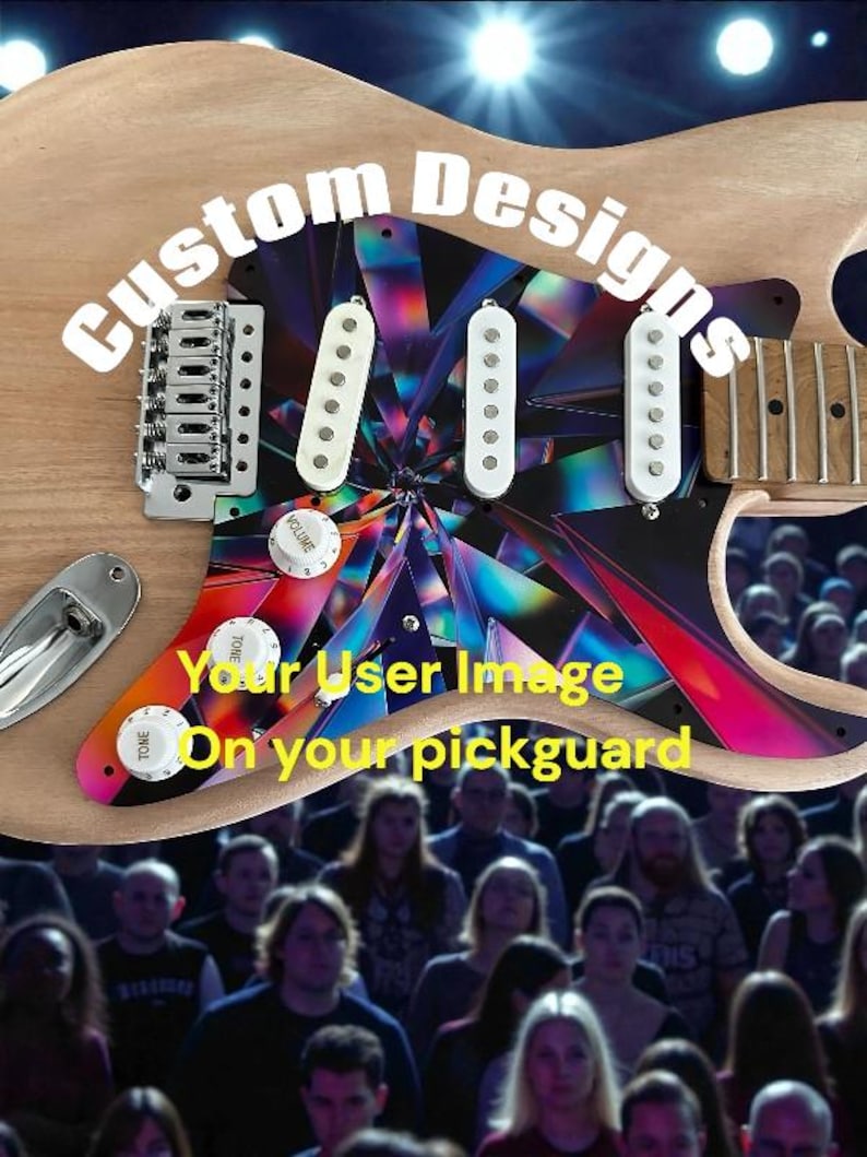 May include: A custom electric guitar with a wooden body and a pickguard featuring a colorful, geometric design. The pickguard has the text "Your User Image On your pickguard" and "Custom Designs". The guitar has white pickups and chrome hardware.