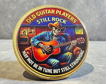 Custom UV Printed Memorabilia Coin Gold-Tone Skeleton Guitarist Coin: Old Guitar Players Still Rock, Strumming Keepsake Father Day Gift
