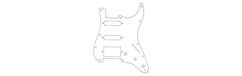 May include: A black and white line drawing of a guitar body template. The template shows the outline of the guitar body, including the pickup cavities, control cavity, and other features.