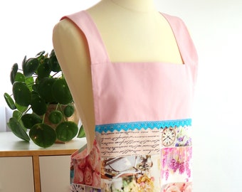 Apron pink blue with roses, apron women, vintage design, mother's day gift, mother's day gift, mom gift, gift woman