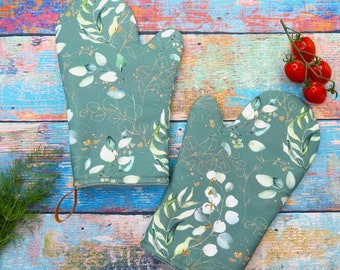 Topfhandschuhe 2er Set,Backhandschuhe,Ofenhandschuh,Küchenhelfer,Grillhandschuh,Eukalyptus, grün,Muttertagsgeschenk,Ostergeschenke