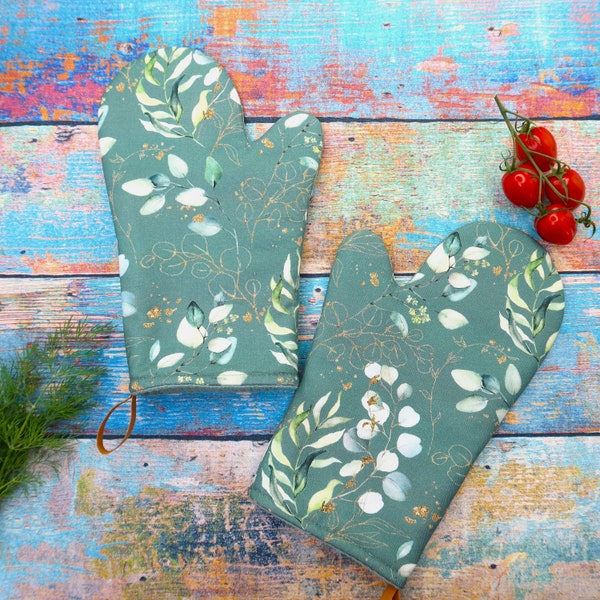 Oven gloves set of 2, baking gloves, oven glove, kitchen helper, grill glove, pot holder, eucalyptus, Mother's Day gift, Mother's Day gift