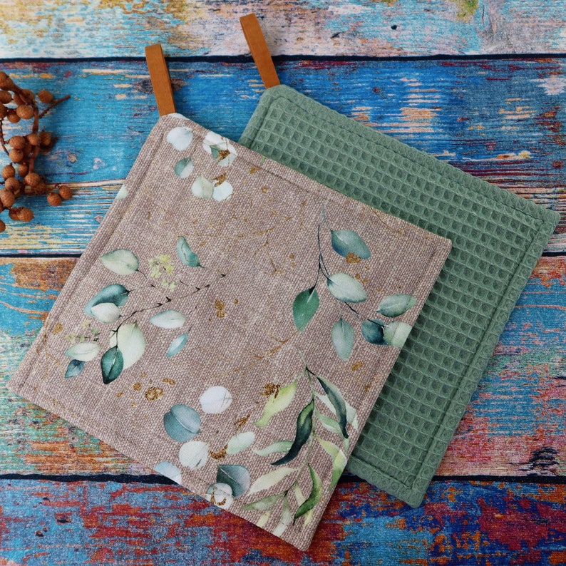 Pot holders set of 2, modern, kitchen, pot holders, pot coasters, eucalyptus pattern, gifts for women, Mother's Day gift taupe meliert